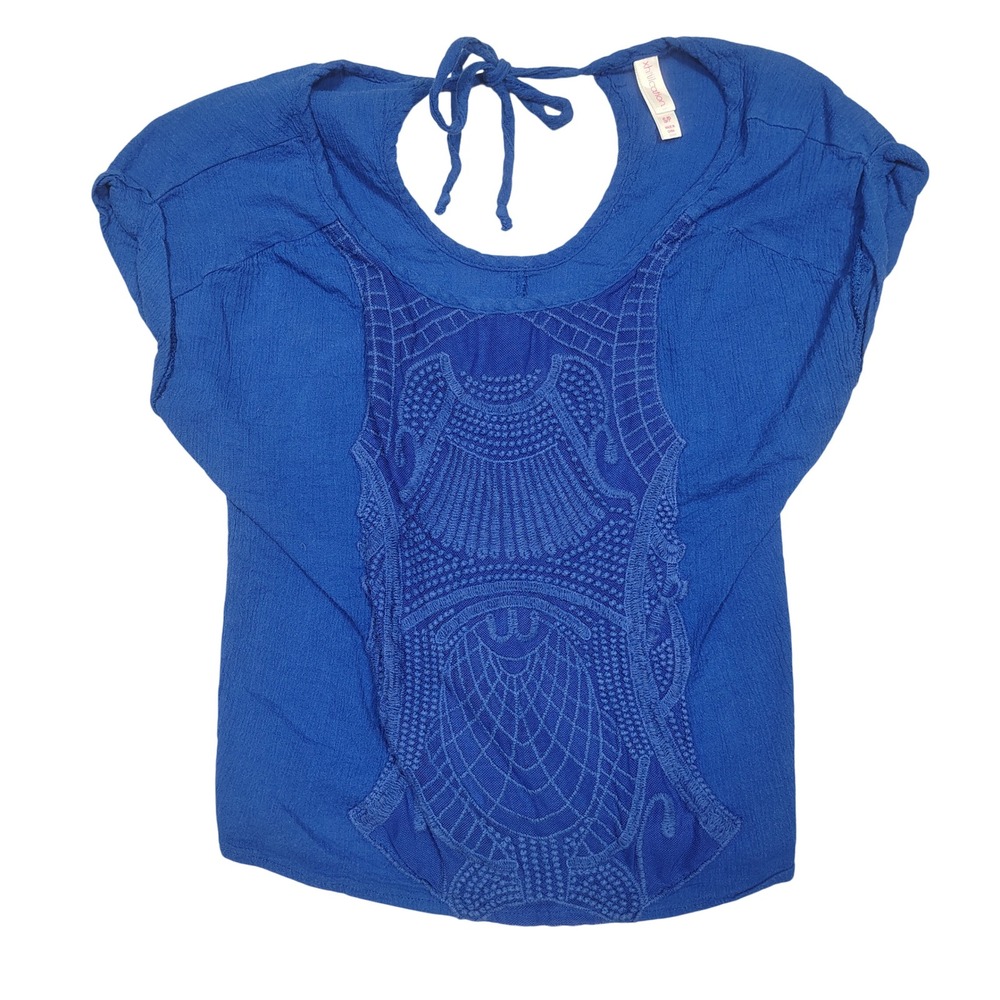 Xhilaration Blouse Womens S Lace Embroidered Tie Back Boho Royal Blue Top
